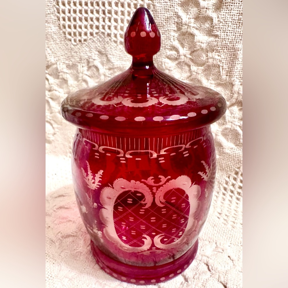1940s Egermann Ruby Red to Clear Bohemian Glass Bon Bon Container